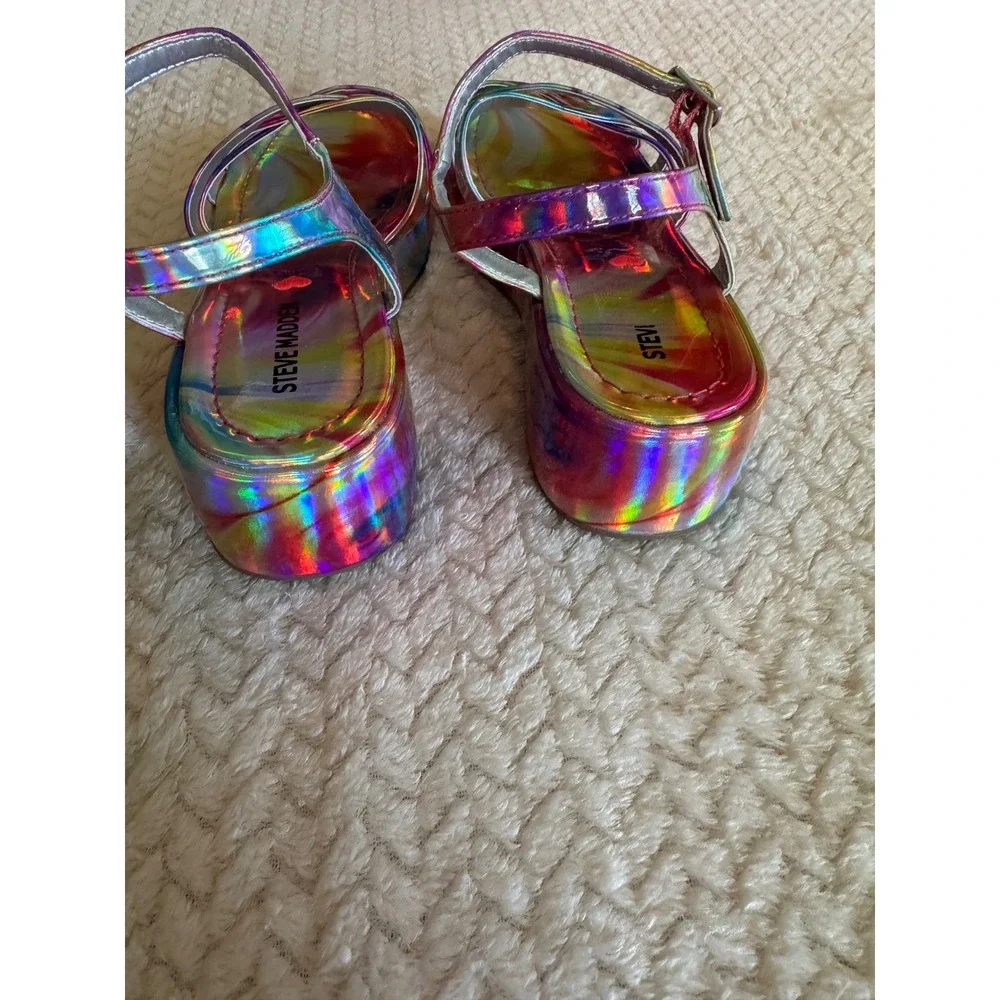 Steve Madden JORAZY Holographic Rainbow Platform Sandals Multi Strap Wedge 5